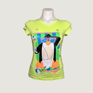Y2K Justice Scene Neon Yellow Penguin Beach Graphic Baby Tee T-Shirt #16